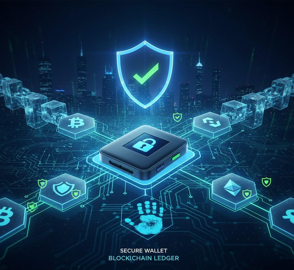 Secure crypto wallets and blockchain technology illustration