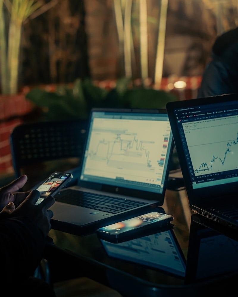 Investor analyzing cryptocurrency market data on laptop screen with charts
